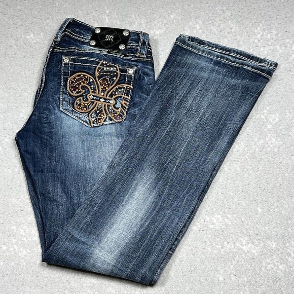 Miss Me Jeans Womens Size 28 Signature Rise Boot Dark Blue Wash Bejazzled - Picture 1 of 16